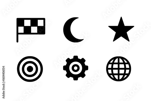 Vector icon set with basic universal symbols for web design. Includes racing flag, crescent, star, target, gear and globe. Glyphs for business and user interface.