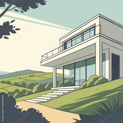 A modern, flat-style illustration of a house sits on a hillside
