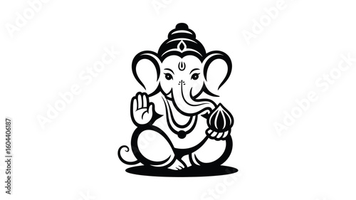 Black and white Ganesha illustration for religious designs, spiritual concepts, traditional art, cultural projects, t shirts, logos, tattoos, and print materials.