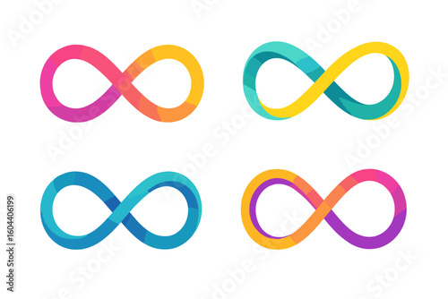 Infinity symbol vector set with colorful gradient designs. Abstract endless loop icons in unique styles. Limitless eternity sign for logo or modern graphic element design.