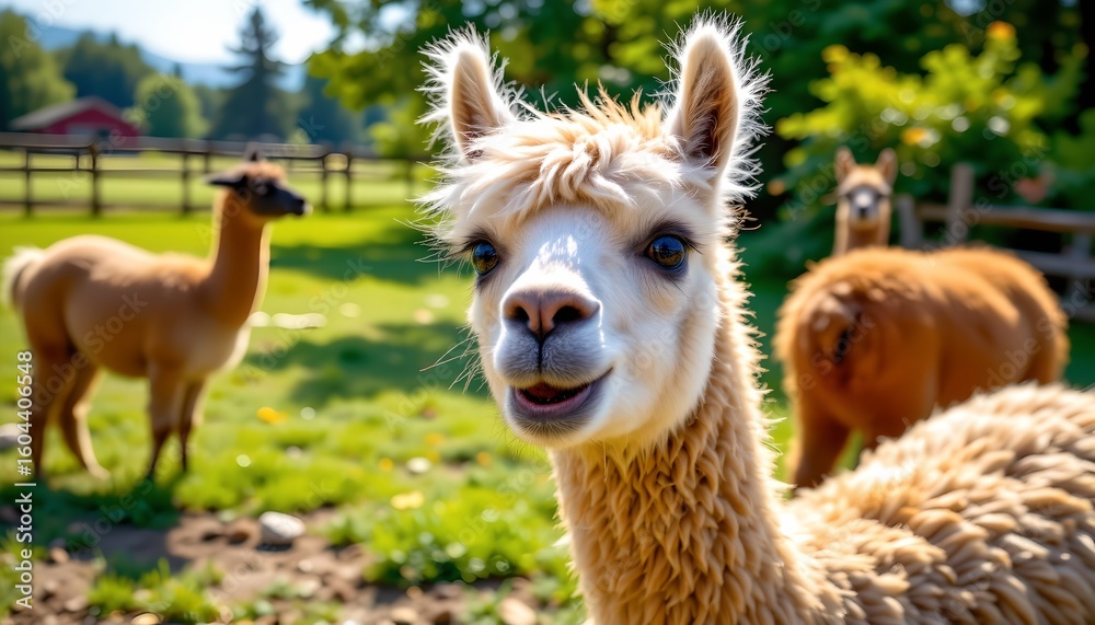 Obraz premium there are three alpacas in a grassy field, with one of them prominently positioned towards the viewer