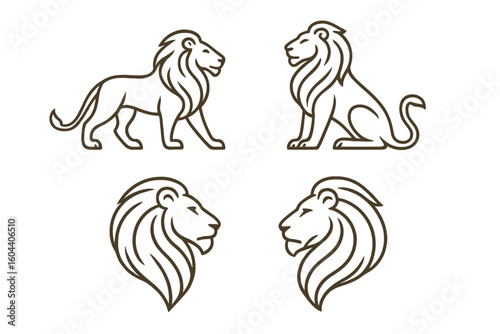 Lion logo line art set. Collection of elegant lion outline symbols. Simple vector mascot icon for branding. Walking and sitting lion, head profile. Minimalist animal design.