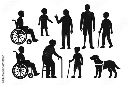 Disability inclusion vector silhouette set. Diverse people of different ages and abilities. Wheelchair, prosthetic leg, guide dog. Accessibility and equality concept.