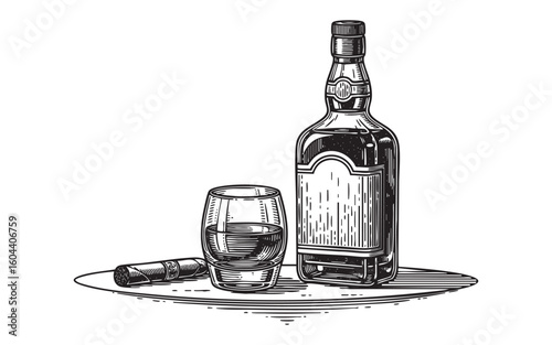 cigar whiskey glass and bottle woodcut engraving vector illustration
