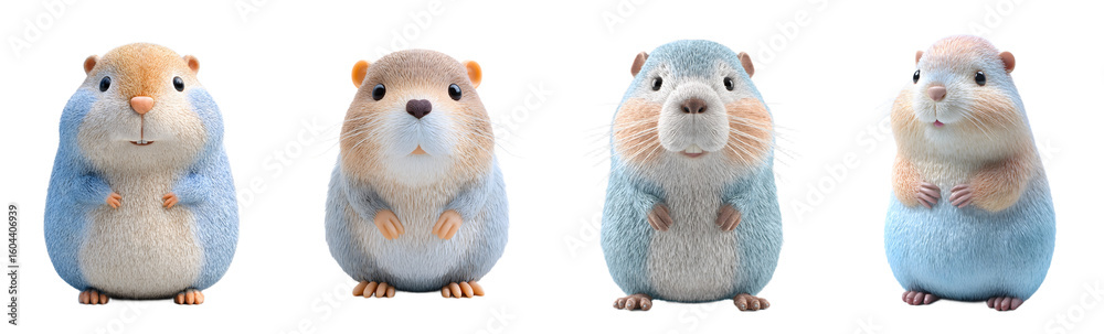 Obraz premium Pack of cute cartoon gophers standing up. Adorable rodents, plush toys, digital art, fantasy creatures, soft, fluffy, pastel colors, kawaii style.