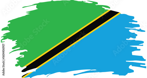 grunge style brush painted flag of tanzania with green yellow black and blue diagonal striped national design

