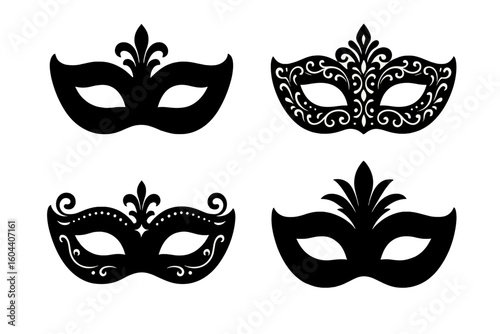 Masquerade mask vector illustration set. Ornate black silhouette collection of venetian carnival masks for mystery, disguise, party, or theater. Costume accessory.