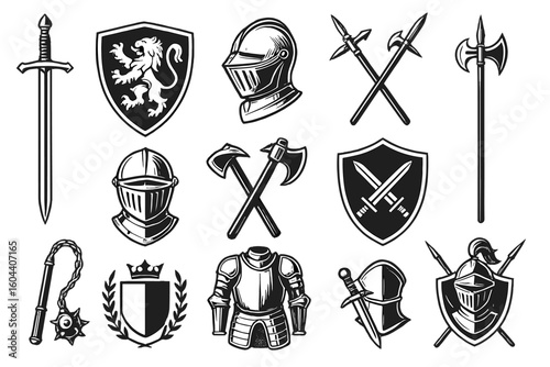 Set of medieval knight icons. Historical armor, weapon, sword, shield, helmet. Fantasy gaming elements. Heraldic emblem with lion. Vector illustration for logo, tattoo.