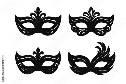 Masquerade mask vector illustration collection. Set of 4 black silhouette carnival masks for mystery, disguise, party, or theatrical performance. Elegant venetian design.