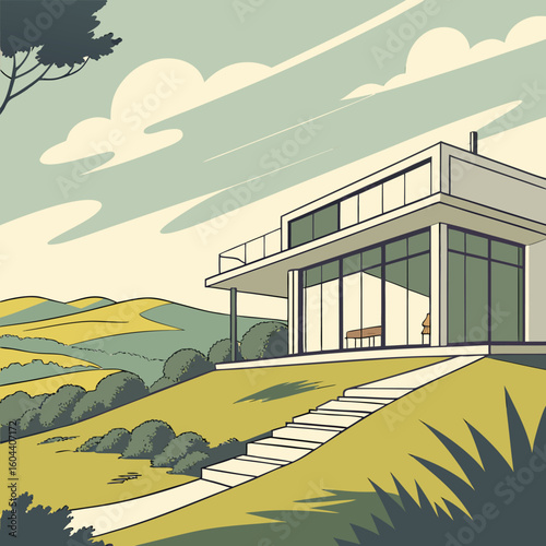A modern, flat-style illustration of a house sits on a hillside