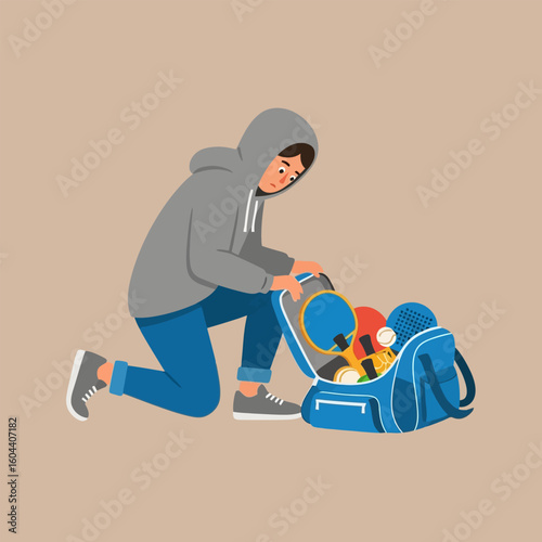 Kneeling Person with Blue Sports Bag Filled with Paddles