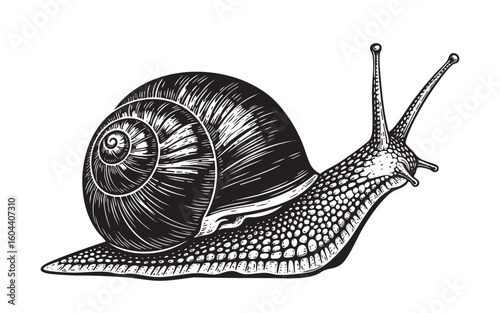 snail woodcut engraving vector illustration
