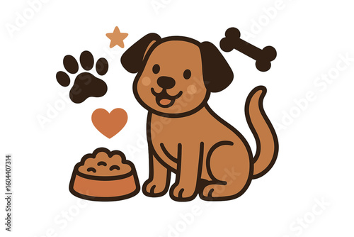 Cute dog puppy character set. Cartoon vector illustration for pet-related designs. Includes paw print, bone, food bowl, and heart icons for dog lovers and pet care.