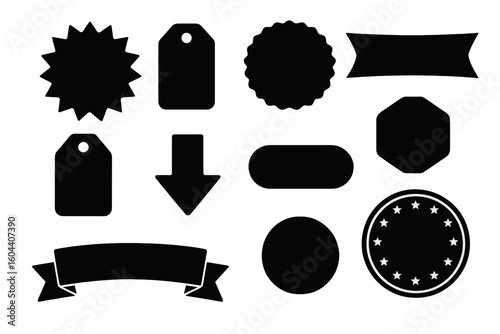 Sale tags and labels vector collection. Graphic elements for promotion and discount. Blank black stickers, badges, and ribbon banners for marketing. Price tag silhouettes.