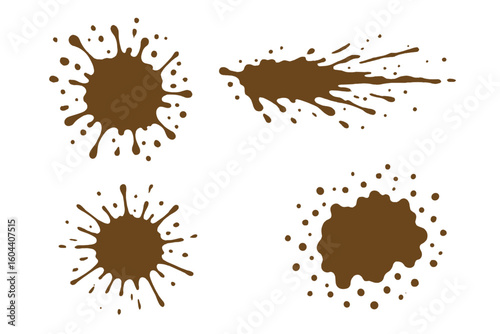 Mud splatter vector set of 4. Dirty liquid drops and stains isolated on white. Ideal for grunge effect, artistic design and texture enhancement. Brown paint splash illustration.