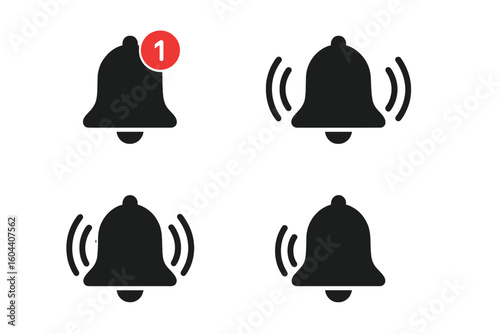 Notification bell icons set with alert symbols, sound notification badges, ringing alert bells, sound wave symbols, vector collection for mobile app UI, web interface design