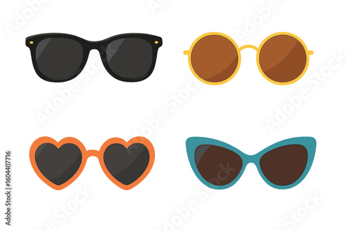 Sunglasses set vector collection. Summer glasses fashion icons. Retro spectacle illustration. Sun protection eyewear accessory. Heart, cat eye, and round shape design.