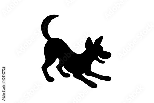 Playful dog silhouette in a classic play bow pose. Happy puppy pet animal vector illustration. Canine friend icon or symbol for logo design. Isolated black graphic element.