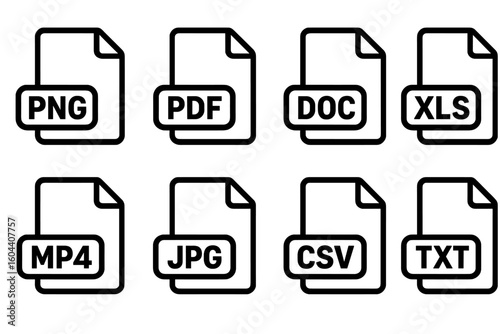 File Format Icon Set Vector Illustration—PNG, PDF, DOC, XLS, MP4, JPG, CSV, TXT—Minimal Outline Design for Digital and Document Management on Transparent Background