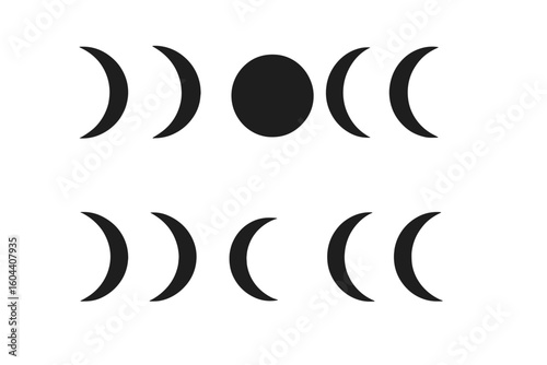 Moon phases vector icon set. Simple monochrome crescent shapes for astrology, mystical, spiritual, and cosmic themes. Black lunar cycle illustration symbol collection for logo.