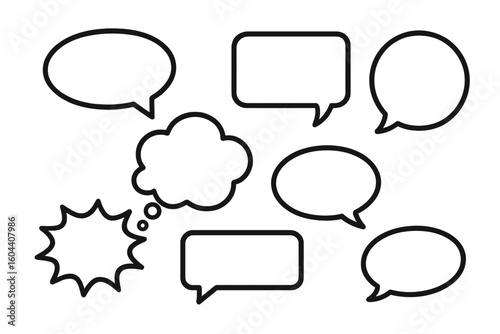 Speech bubble vector set. Chat box, dialogue balloon, thinking cloud and comic book text frame collection. Communication message icon illustration on transparent background.