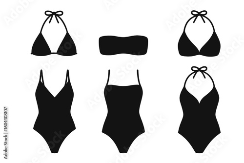 Modern Swimsuit Silhouettes Collection – Triangle, Bandeau, Halter, One-Piece Styles – Fashionable Women’s Swimwear for Summer, Pool Party, Beach, Vacation, Vector Art