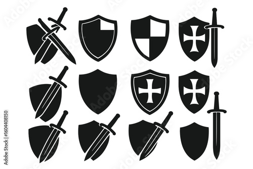 Medieval Sword and Shield Silhouette Icon Set. Vector Heraldic Shields and Swords, Knight Armor, Crusader Emblems, Cross Elements, Classic Medieval Decoration, Black Silhouette Symbols for Design