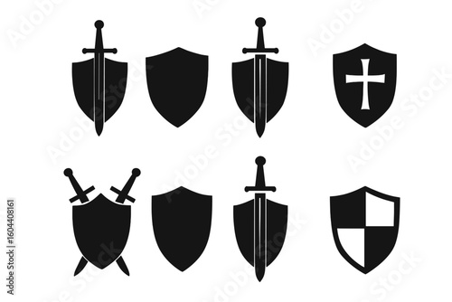 Medieval Sword and Shield Silhouette Set, Vector Icons Featuring Knight Heraldry, Cross Emblems, Crusader Weapons, Simple Black Shield Crest Designs, Warrior Armor, Historic Battle Symbols