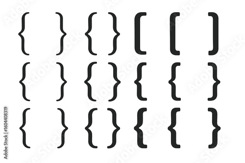 Set of black bracket and brace symbols in various styles. Vector graphic design elements for typography and punctuation. Isolated icon collection on white background.