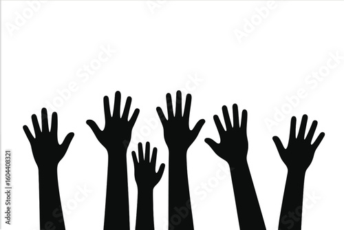 Silhouette vector of diverse hands reaching up. Community, teamwork and voting concept. People volunteering for charity. Social group asking for help or celebrating together.
