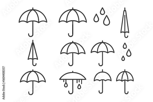 Minimal Line Art Umbrella Icon Set Featuring Open, Closed, Dripping Umbrellas and Raindrop Elements, Vector Collection for Weather, Rain, Protection, and Monsoon Design Concepts