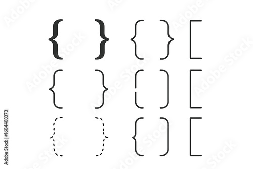 Collection of bracket and brace symbols in various styles. Vector illustration set of punctuation marks and typographic icons for design, text, and coding.