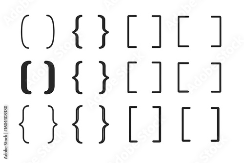 A versatile collection of bracket and brace symbols in various creative styles. Vector graphic set for typography, design, and coding. Punctuation icons for quotes or text.