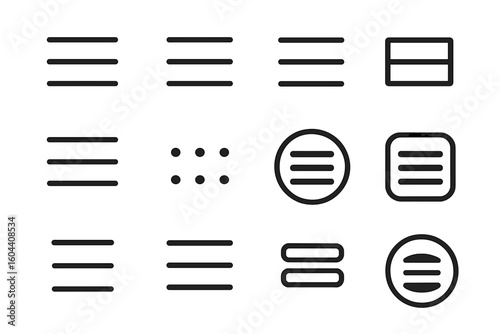 Hamburger menu icon set. Versatile collection of line art buttons for UI and UX design. Navigation symbols for web, app, and mobile interface. Modern, minimalist vector.