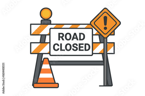 Road closed sign on traffic barrier. Under construction page concept. Vector illustration of a street barricade with warning cone and stop signal for website maintenance.