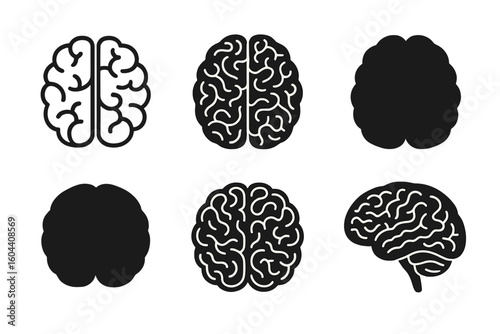 Brain icon silhouette vector set. Human mind logo for psychology, neuroscience, and mental health. Simple flat brain illustration for medical or educational design concept.