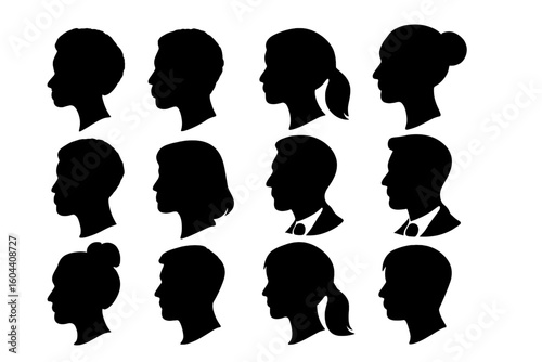 Man and woman profile face silhouette. Anonymous person head vector icon set. Male and female avatar for business user. Black people portrait side view graphic design.