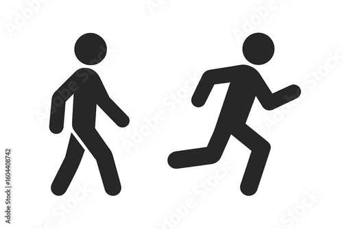 Walking and running man icon set. People symbol, walk and run pictogram. Simple pedestrian silhouette for traffic sign, sport or marathon. Person in motion. Vector logo.