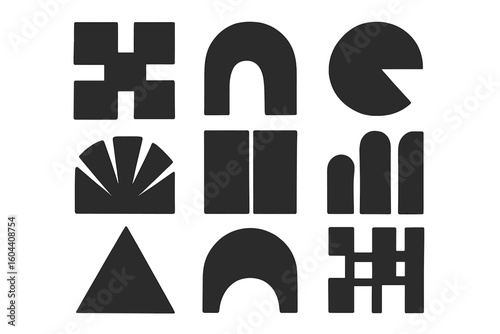 Abstract geometric brutalist shapes. Minimalist textured design elements. Modern trendy vector icons for logo or poster. Bauhaus style simple forms and universal symbols.