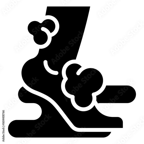 Foot Wash Glyph Black Silhouette Icon Vector Design - foot being washed with water and soap bubbles, representing personal hygiene