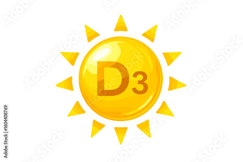 Vitamin D3 sun icon. Yellow shining capsule for beauty, nutrition, and skin care. Health supplement for pharmacy and diet. Cholecalciferol molecule. Vector illustration.