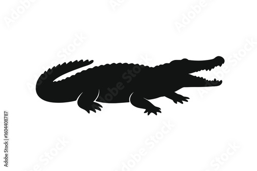 Crocodile silhouette vector graphic. Alligator icon isolated on white background. Simple flat design element for logo, emblem or mascot. Wild animal, reptile predator symbol.