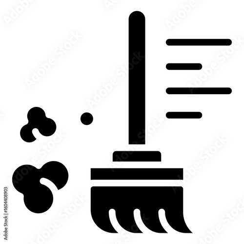 Sweeping Glyph Black Silhouette Icon Vector Design - broom with motion lines and dust clouds, symbolizing sweeping or dry cleaning activity