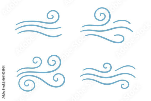 Wind line doodle icon set. Hand drawn blue wind swirls and gusts. Decorative breeze symbols for weather, nature, and climate concepts. Vector air flow illustration element.