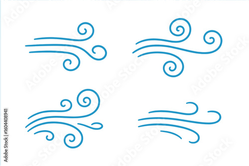 Wind line doodle set. Blue hand drawn swirls and gusts. Decorative breeze symbols for weather, nature, air flow, and climate designs. Cold blow vector illustration.