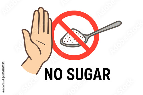 No sugar allowed sign with a stop hand gesture. Sugar-free diet concept for healthy lifestyle. Diabetes awareness symbol. Vector illustration of a forbidden spoon icon.
