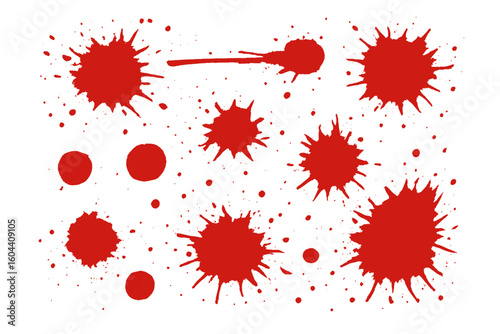 Blood splatter vector design element set. Red ink and paint splashes. Abstract grunge texture with messy, dirty drips and drops. Horror crime scene stain illustration.