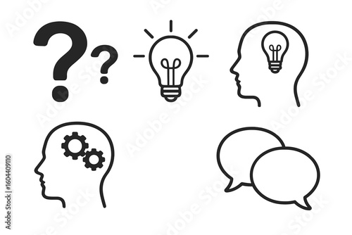 Vector icon set for problem solving and creative idea generation. Human head with lightbulb and gears. Question mark, speech bubble for brainstorming and communication.