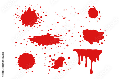 Blood splatter vector elements. Red ink splashes and paint drops. Messy grunge texture and abstract spots. Horror crime scene stain set for graphic design illustration.