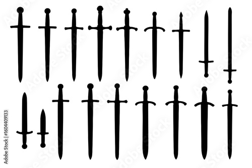 Sword silhouette collection. Swords vector illustration. Medieval sword, dagger, cross guard. Black weapon designs, different shapes and styles isolated on white background.
